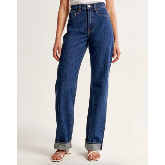 Abercrombie & Fitch High Rise Loose Jeans Women 26 Short Blue Dark Wash Cuff Hem - Picture 2 of 16